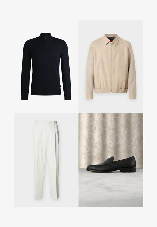 Beige herrelet jakke i letvægtsmateriale med lynlås foran, spids krave, lange ærmer, elastisk kant og sidelommer.; Mørk navy pullover trøje med høj krave og halv lynlås lukning. Fremstillet af glat strikstof med ribbede manchetter og kant. Simpelt design.; Hvide skræddersyede bukser med høj talje, bæltestropper og forreste læg, vist på en ensfarvet baggrund.; Sort lædersko i loafer-stil svæver over et beige tæppe med et blankt brunt rundt bord i baggrunden.