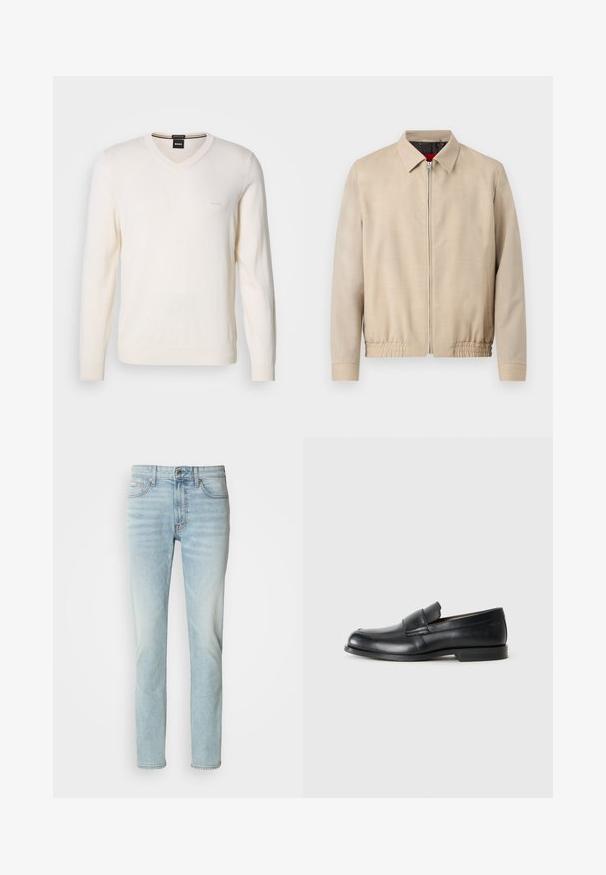 Veste légère beige pour homme avec fermeture éclair sur le devant, col pointu, manches longues, ourlet élastique et poches latérales.; Pull en V couleur blanc cassé, confectionné en maille douce. Il présente des manches longues et un subtil logo brodé sur le côté gauche de la poitrine.; Jeans en denim bleu clair, avec une coupe droite, taille mi-haute et un léger délavage. Comprend cinq poches et un bouton en métal.; Mocassins en cuir noir avec un bout rond, des détails cousus et une semelle en caoutchouc plate. Présentent une large bande sur le cou-de-pied.