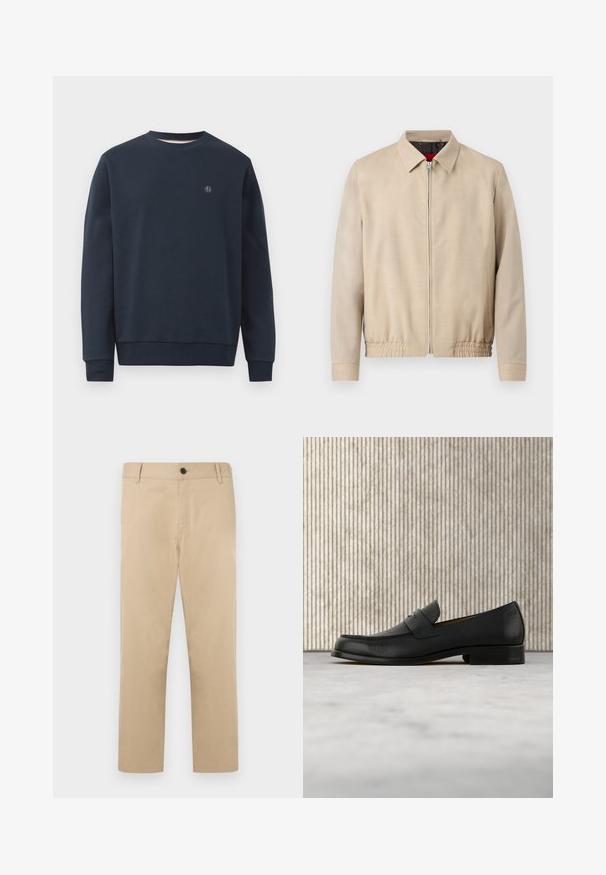 Beige lichte herenjas met rits aan de voorkant, puntkraag, lange mouwen, elastische zoom en zijzakken.; Marineblauwe sweatshirt van zacht materiaal, met een ronde hals, lange mouwen en een klein logo op de borst. Eenvoudig ontwerp, zonder patronen.; Beige katoenen broek met rechte pijpen, voorzien van een knoopsluiting aan de voorkant en zijzakken. Soepele textuur, minimale stikdetails.; Zwarte leren loafer zweeft boven een beige tapijt met op de achtergrond een glanzende, ronde, bruine tafel.