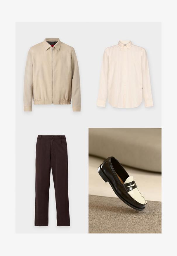 Beige herrelet jakke i letvægtsmateriale med lynlås foran, spids krave, lange ærmer, elastisk kant og sidelommer.; Langærmet beige skjorte med knapper og subtile lodrette striber samt klassisk krave, vist på en ensfarvet lys baggrund.; Mørkebrune bukser med lige ben, knap- og lynlåslukning, bæltestropper og sidelommer, vist på en hvid baggrund.; Sort læderloafer med en cremefarvet vamp og sorte accentstriber, som har en lav hæl og detaljeret syning langs kanterne.