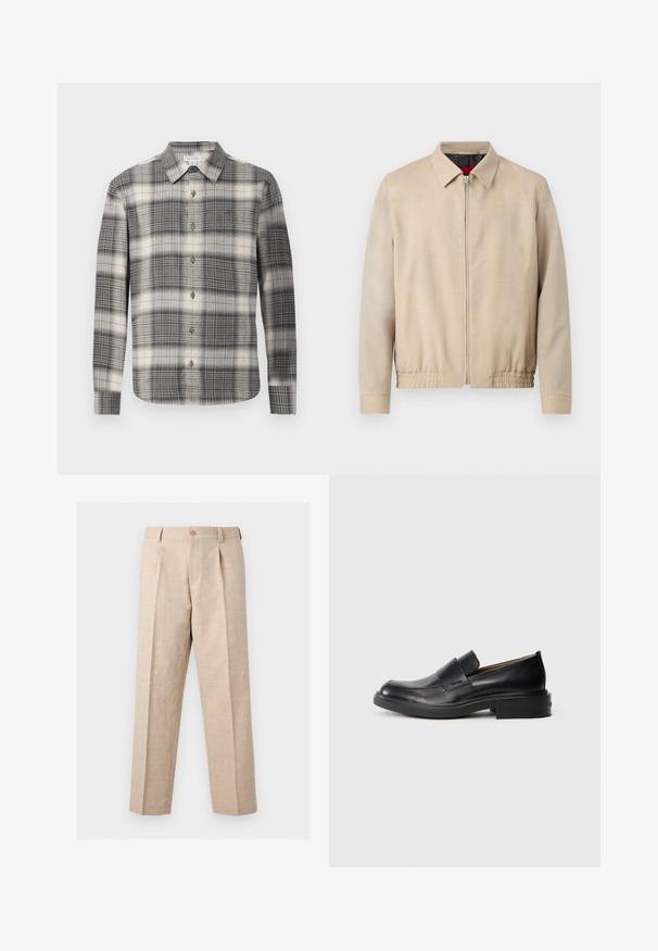 Beige lichte herenjas met rits aan de voorkant, puntkraag, lange mouwen, elastische zoom en zijzakken.; Langearmige geruite shirt in zwart en crème. Voorzien van een knoopsluiting aan de voorkant, klassieke kraag en een gevarieerd ruitpatroon. Zachte stoftextuur.; Beige recht vallende broek met plooien, knoopsluiting, riemlussen en een getailleerde pasvorm.; Zwarte leren instap schoenen met een lage hak en subtiel Calvin Klein-logo aan de zijkant, weergegeven in profiel op een witte achtergrond.