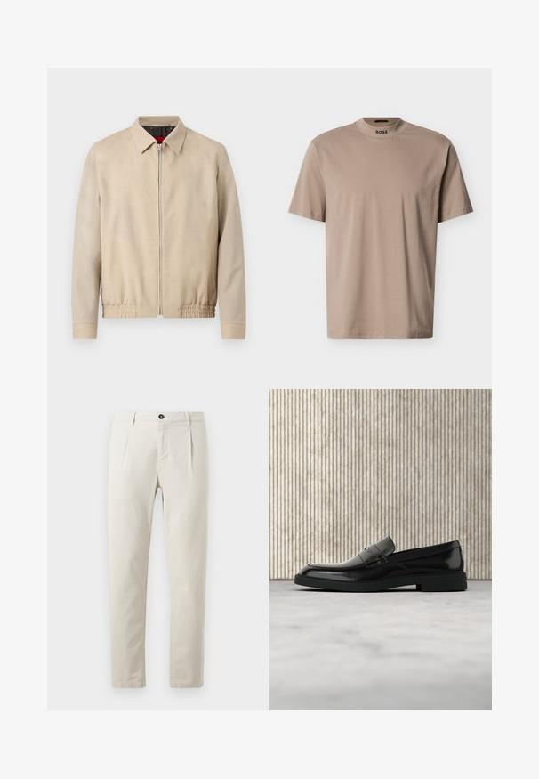 Veste légère beige pour homme avec fermeture éclair sur le devant, col pointu, manches longues, ourlet élastique et poches latérales.; T-shirt beige à manches courtes avec un col rond haut et le logo "BOSS" sur le col. Fabriqué en tissu doux avec une texture lisse.; Pantalons en coton beige avec une coupe droite, dotés d'une fermeture à un bouton noir et de deux poches avant. Texture lisse.; Mocassin en cuir noir poli flottant au-dessus d'un tapis beige avec un mobilier translucide orange en arrière-plan.