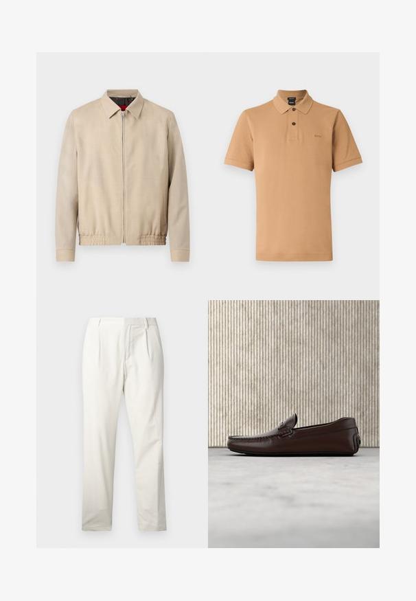 Veste légère beige pour homme avec fermeture éclair sur le devant, col pointu, manches longues, ourlet élastique et poches latérales.; Polo à manches courtes très court en tissu texturé, équipé d'une patte à trois boutons, d'un col pointu et d'un logo discret sur la poitrine.; Pantalons en coton blanc à jambe droite, dotés de plis sur le devant, d'une texture lisse et d'une conception de taille classique.; Mocassins en cuir marron avec une finition lisse, des coutures de style mocassin, un bout rehaussé et une semelle en caoutchouc basse et flexible.