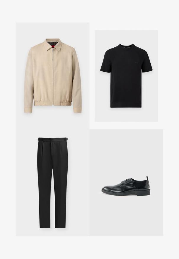 Veste légère beige pour homme avec fermeture éclair sur le devant, col pointu, manches longues, ourlet élastique et poches latérales.; T-shirt noir à manches courtes et col rond avec des panneaux texturés subtils et un petit logo embossé « BOSS » sur la poitrine gauche.; Pantalon formel noir fuselé avec des plis près de la taille et des sangles latérales réglables, présenté sur fond clair.; Chaussure habillée en cuir noir brillant avec un petit talon, fermeture à lacets et bout rond, vue de côté sur un fond uni et clair.