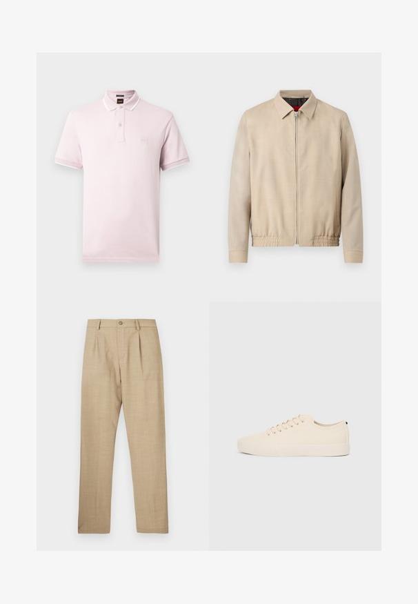 Veste légère beige pour homme avec fermeture éclair sur le devant, col pointu, manches longues, ourlet élastique et poches latérales.; Polo rose clair en coton, doté d'un col à boutons, de manches courtes et d'un petit écusson logo sur la poitrine. Accents blancs sur le col.; Pantalon beige ajusté avec fermeture à boutons et fermeture éclair, passants pour ceinture et plis plats à l'avant, présenté à plat sur un fond blanc.; Baskets en toile beige avec bout arrondi, semelle en caoutchouc plate et lacets à l'avant. Présente un design minimaliste et un accent noir contrastant au niveau du talon.
