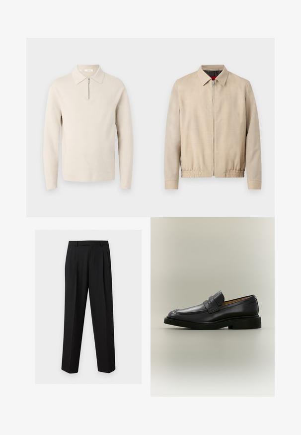 Veste légère beige pour homme avec fermeture éclair sur le devant, col pointu, manches longues, ourlet élastique et poches latérales.; Pull beige à manches longues avec un col et une courte fermeture éclair à l’avant, présenté sur un fond blanc.; Pantalon noir sur mesure avec jambes droites, plis à la taille, passants de ceinture et poches latérales fendues, présenté sur un fond uni.; Mocassin homme en cuir noir avec un petit talon et une bride sur le dessus, montré de profil sur un fond neutre.