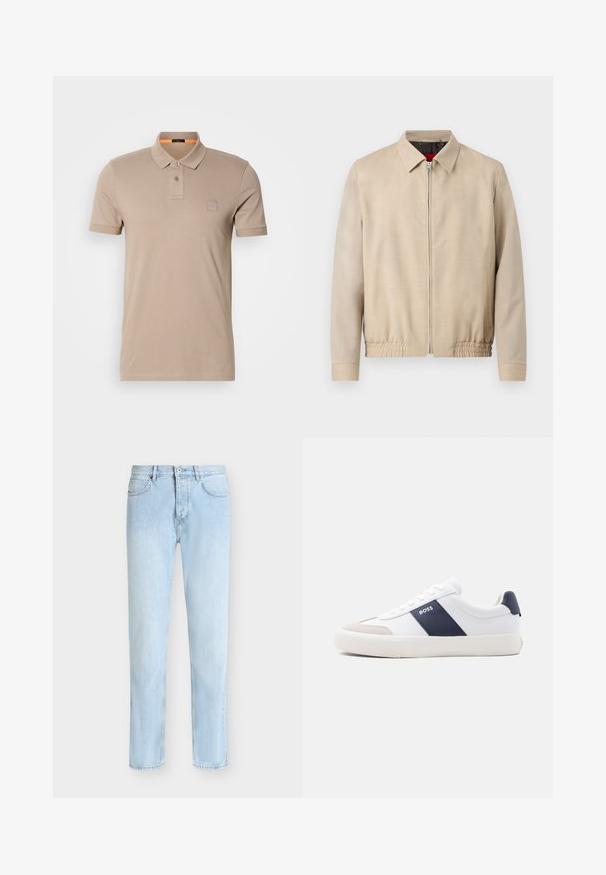 Chaqueta ligera para hombre en color beige con cierre frontal de cremallera, cuello puntiagudo, mangas largas, dobladillo elástico y bolsillos laterales.; Polo beige de algodón, con un cierre de dos botones, mangas cortas y un discreto parche de logo en el pecho. Interior del collar acentuado en naranja.; Vaqueros de mezclilla azul claro de corte recto, con cinco bolsillos, trabillas para cinturón y cierre delantero con botón y cremallera.; Zapatilla blanca de corte bajo con raya lateral azul marino, logo "BOSS", puntera beige y suela blanca, mostrada de perfil sobre un fondo claro.
