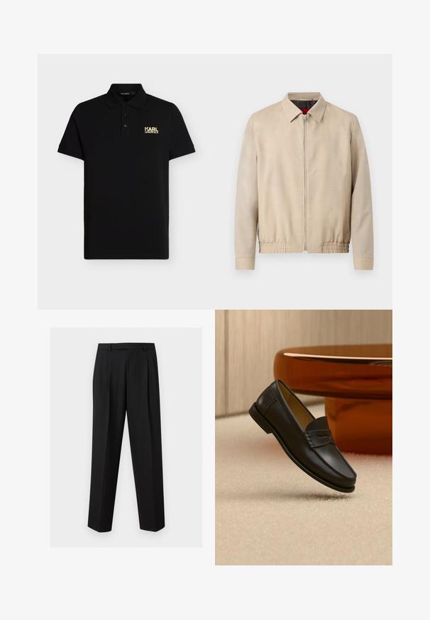 Veste légère beige pour homme avec fermeture éclair sur le devant, col pointu, manches longues, ourlet élastique et poches latérales.; Polo noir à manches courtes avec col, patte à trois boutons et petit logo doré "KARL LAGERFELD" sur la poitrine gauche.; Pantalon noir sur mesure avec jambes droites, plis à la taille, passants de ceinture et poches latérales fendues, présenté sur un fond uni.; Chaussure mocassin en cuir noir suspendue au-dessus d’un tapis beige avec du mobilier moderne couleur ambre en arrière-plan.