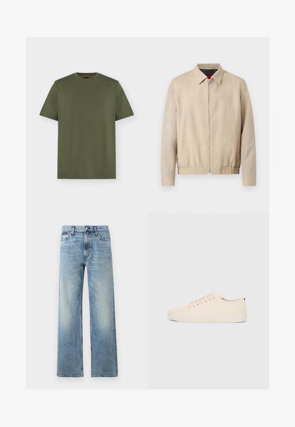 Veste légère beige pour homme avec fermeture éclair sur le devant, col pointu, manches longues, ourlet élastique et poches latérales.; T-shirt vert olive à manches courtes et col rond avec un logo discret "BOSS" centré sur la poitrine, design uni sur fond gris clair.; Jean droit en denim bleu clair avec taille haute, cinq poches, fermeture à boutons et léger délavage sur les cuisses et les genoux.; Baskets en toile beige avec bout arrondi, semelle en caoutchouc plate et lacets à l'avant. Présente un design minimaliste et un accent noir contrastant au niveau du talon.