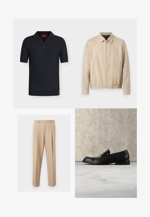 Veste légère beige pour homme avec fermeture éclair sur le devant, col pointu, manches longues, ourlet élastique et poches latérales.; Polo noir à manches courtes en maille avec texture côtelée, col en V, et étiquette rouge Hugo à l’intérieur du col.; Pantalon beige sur mesure avec plis sur le devant, passants de ceinture et jambes droites, présenté sur un fond clair et uni.; Mocassin en cuir noir avec un accent métallique, présenté en lévitation au-dessus d'un tapis beige, avec une table ronde de couleur ambre en arrière-plan.