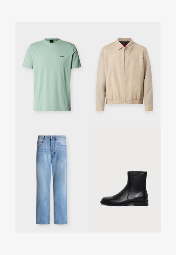 Veste légère beige pour homme avec fermeture éclair sur le devant, col pointu, manches longues, ourlet élastique et poches latérales.; T-shirt vert clair à manches courtes avec col rond et petit logo noir "BOSS" sur le côté gauche de la poitrine sur un fond uni.; Jean droit en denim bleu clair avec fermeture par bouton et zip, poches avant et arrière, et passants de ceinture à la taille.; Bottine en cuir noir à talon bas, couture latérale et petit logo "HUGO" sur le revers supérieur sur un fond uni.