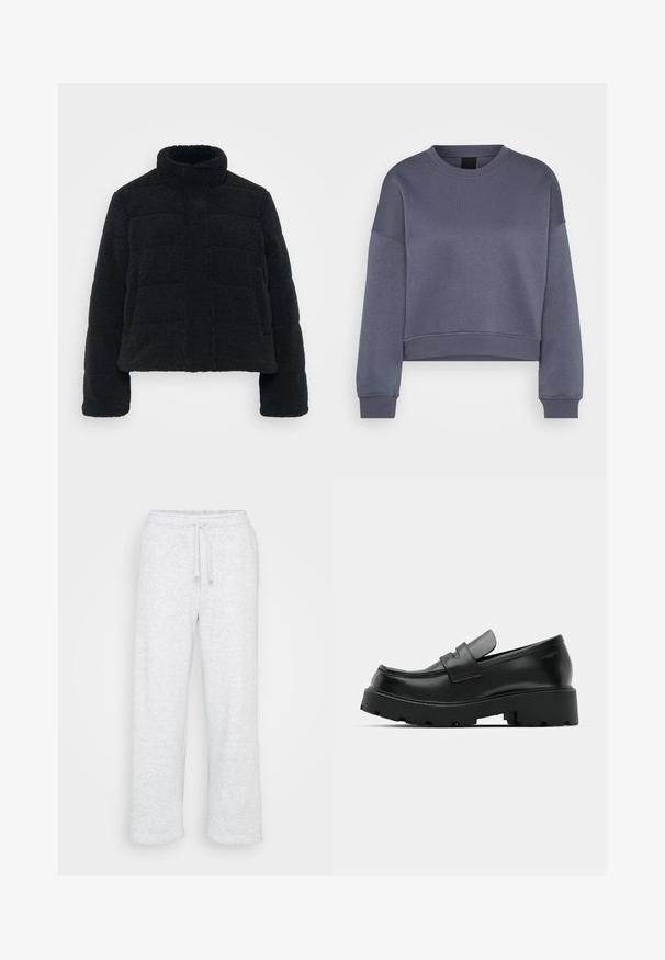 Chaqueta negra corta hecha de un tejido de felpa texturizado con un alto cuello y un diseño acolchado. Presenta mangas largas y un cierre frontal con cremallera.; Sudadera corta de cuello redondo de manga larga en gris oscuro, con puños y dobladillo acanalados, exhibida sobre un fondo blanco.; Pantalones de chándal de algodón gris claro con cintura elástica y cordón, corte de pierna recta, sin logotipos ni patrones visibles.; Mocasines de cuero negro con suela gruesa y texturizada, que presentan una correa sobre el empeine y un acabado suave y pulido.