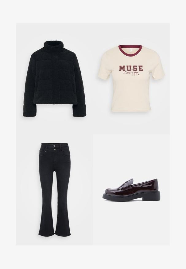 Veste noire courte en tissu pelucheux et texturé avec un col haut et un design rembourré. Elle dispose de manches longues et d'une fermeture éclair à l'avant.; T-shirt crème à manches courtes avec un col côtelé bordeaux et un graphisme "MUSE Energy" en police bordeaux foncé, centré sur le devant.; Jean noir évasé avec taille haute, fabriqué en tissu denim. Comprend deux poches avant et une fermeture à double bouton à la taille.; Mocassins en cuir bordeaux brillant avec un bout arrondi, présentant un design cousu et une semelle extérieure en caoutchouc noir texturé.