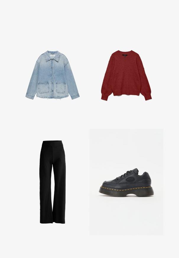 Veste en jean bleu clair avec fermeture à boutons, deux poches plaquées à l'avant, ourlet effiloché et manches longues.; Pull en tricot rouge avec un col rond, des manches longues et des motifs en relief texturés. Poignets et ourlet côtelés.; Pantalons larges noirs à taille haute, sans poches visibles ni embellissements, présentés sur un fond blanc.; Baskets en cuir noir avec finition texturée, bout rond et semelle épaisse. Comprend des coutures accentuées en jaune et un logo de marque sur le côté.