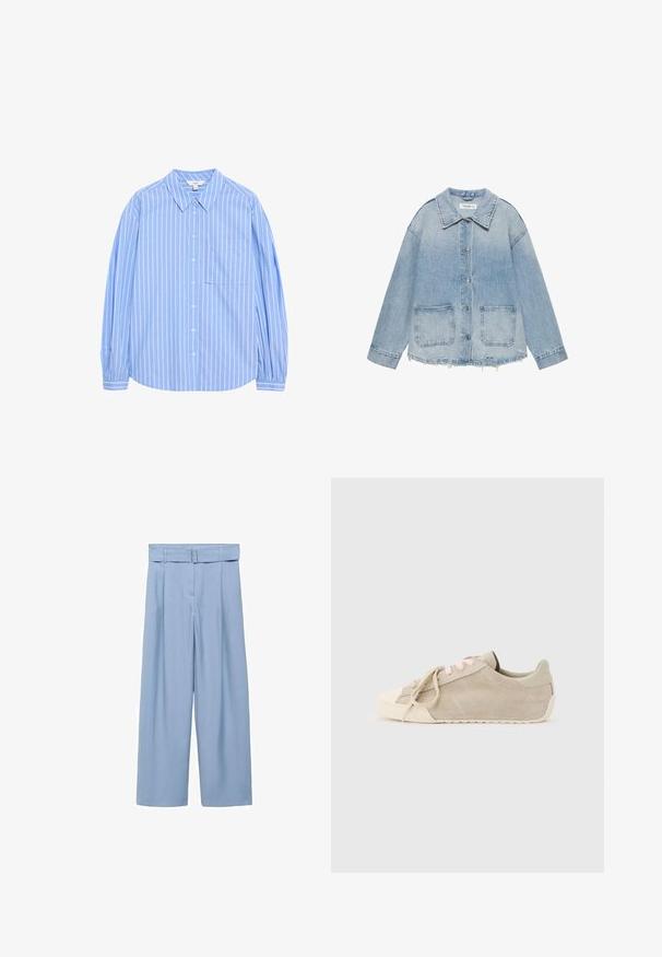 Lyseblå denimjakke med knaplukning, to forlommer med lapper, frynset kant og lange ærmer.; Lys blå langærmet skjorte med knapper, hvide lodrette striber, kravedesign, en lomme på venstre bryst og sammenfaldne ærmer ved manchetterne.; Lyseblå, vide bukser lavet af glat stof, med bælte i taljen, plisseringer og skrå lommer for en afslappet pasform.; Beige ruskind lav-top sneakers med lyserøde snørebånd, offwhite gummisål og rund spids mod en ensfarvet lys baggrund.