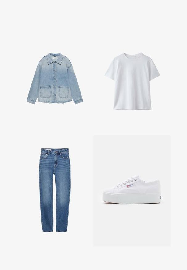 Lyseblå denimjakke med knaplukning, to forlommer med lapper, frynset kant og lange ærmer.; Hvid t-shirt med korte ærmer og rund hals i blødt stof, vist på en hvid baggrund.; Blå denim jeans med lige ben design, fem-lomme stil og høj talje. Har let falmede områder og kontrasterende syning.; Hvide canvas sneakers med en tyk hvid platformssål, rund tå og metaløjelets til snørebånd. Mærkets logo præsenteret på siden.