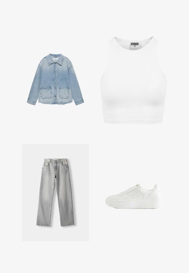 Hellblaue Jeansjacke mit Knopfverschluss, zwei aufgesetzten Fronttaschen, ausgefranstem Saum und langen Ärmeln.; Weißes geripptes Crop-Top mit hohem Kragen und dem Etikett "Urban Classics XS" innen am Kragen.; Helle graue Jeans aus Denim mit geradem Bein, ausgestattet mit zwei vorderen Taschen, einem Knopfverschluss und subtilen Abnutzungen für Struktur.; Weißer Sneaker mit niedrigem Schaft, dicker Sohle, Schnürverschluss und dezenten Steppnähten in Seitenansicht gezeigt.