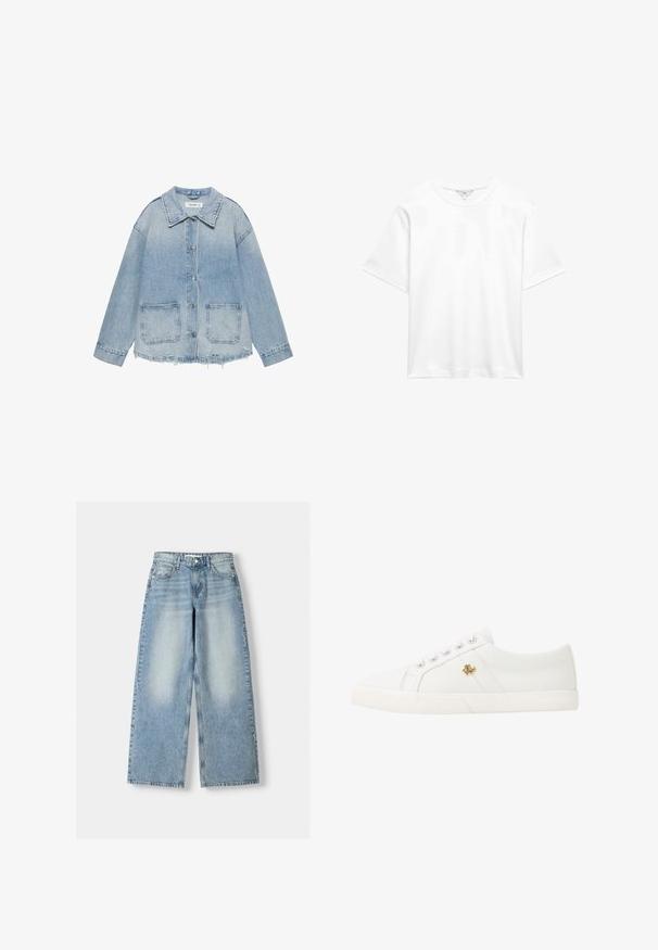 Lichtblauwe spijkerjas met knoopsluiting, twee opgestikte voorzakken, rafelige zoom en lange mouwen.; Effen witte katoenen T-shirt met korte mouwen en ronde hals, plat weergegeven tegen een witte achtergrond.; Lichtblauwe denim wijde jeans met een hoge taille, met een vervaagde afwerking, vijf zakken en een rechte cut.; Lauren Ralph Lauren JANSON II CANVAS SNEAKER - Sneakers laag - optic white