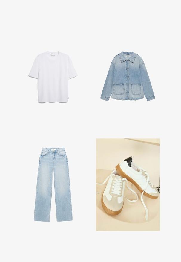 Lyseblå denimjakke med knaplukning, to forlommer med lapper, frynset kant og lange ærmer.; Hvid bomulds t-shirt med korte ærmer, rund halsudskæring og en afslappet pasform. Ingen synlige mønstre eller logoer. Glat tekstur.; Lyseblå jeans med vide ben lavet af denim. Har høj talje, fem lommer og lynlås med knappelukning. Let slidt tekstur.; Hvide og beige sneakers med gummisål, snørebåndsdesign, læderdetaljer og sort hæltab. Glat tekstur med detaljeret syning.