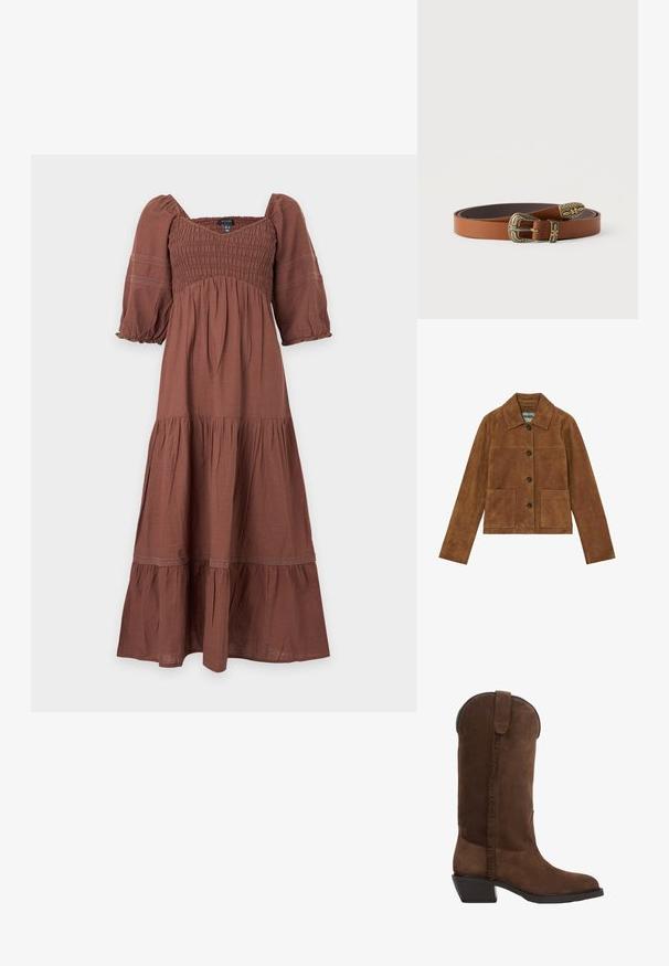 Bruine suède jas met een kraag, knoopsluiting aan de voorkant, twee grote voorzakken en lange mouwen. Gladde textuur met een minimalistisch ontwerp.; Bruine midi-jurk met opgepofte driekwartmouwen, geplooide taille en gelaagde rok met kanten details.; Bruine suède cowboylaars met een hoge schacht, zijfranje-detail en een blokhak. Glad textuur en rondneus ontwerp.; Bruine leren riem opgerold met sierlijke antieke goudkleurige gesp, lus en uiteinde met bloemen- en geometrische gravures, op een witte achtergrond.