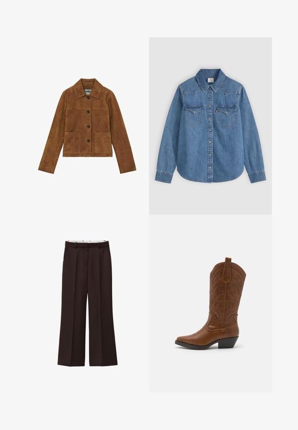 Brun ruskindsjakke med krave, knaplukning foran, to store lommer foran og lange ærmer. Glat tekstur med et minimalistisk design.; Langærmet blå denim skjorte med knapper, spids krave og to brystlommer med klap på en lys baggrund.; Viddebukser i mørkebrun stof, med høj talje, dobbelte læg og sidelommer. Glat tekstur med bæltestropper.; ONLY SHOES ONLBRONCO - Cowboy- / bikerstøvler - brown