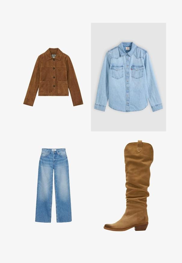 Bruine suède jas met een kraag, knoopsluiting aan de voorkant, twee grote voorzakken en lange mouwen. Gladde textuur met een minimalistisch ontwerp.; Lichtblauw denim overhemd met lange mouwen, knoopsluiting, twee borstzakken met kleppen en een klassieke puntige kraag op een grijze achtergrond.; Lichtblauwe wijde jeans van denim, met een hoge taille, subtiele vervaging en een klassiek ontwerp met vijf zakken en koperen accenten.; Lichtbruine suède kniehoog laars met een slouchy ontwerp, pointed toe en een gestapelde hak. Voorzien van een lus aan de bovenkant voor gemakkelijker aan- en uittrekken.