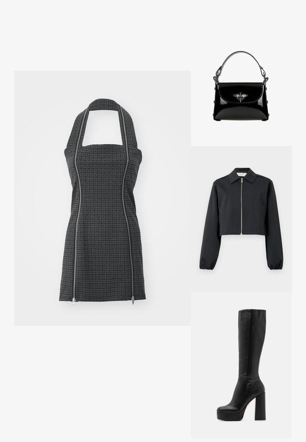 Schwarze cropped Jacke aus glattem Stoff, mit Kragen, Frontreißverschluss und elastischen Bündchen. Einfaches Design ohne Muster.; Schürze in Schwarz und Grau mit Muster, Halterneck, quadratischem Ausschnitt, Frontreißverschlussdetails und taillierter Form. Hergestellt aus strukturiertem Stoff.; Schwarze knielange Stiefel aus glattem Leder mit strukturierter Oberfläche, ausgestattet mit einem hohen Blockabsatz und einem runden Zehendesign.; Schwarze Handtasche aus Lackleder mit einem oberen Griff und einer silbernen Bienenverzierung auf der Vorderklappe.