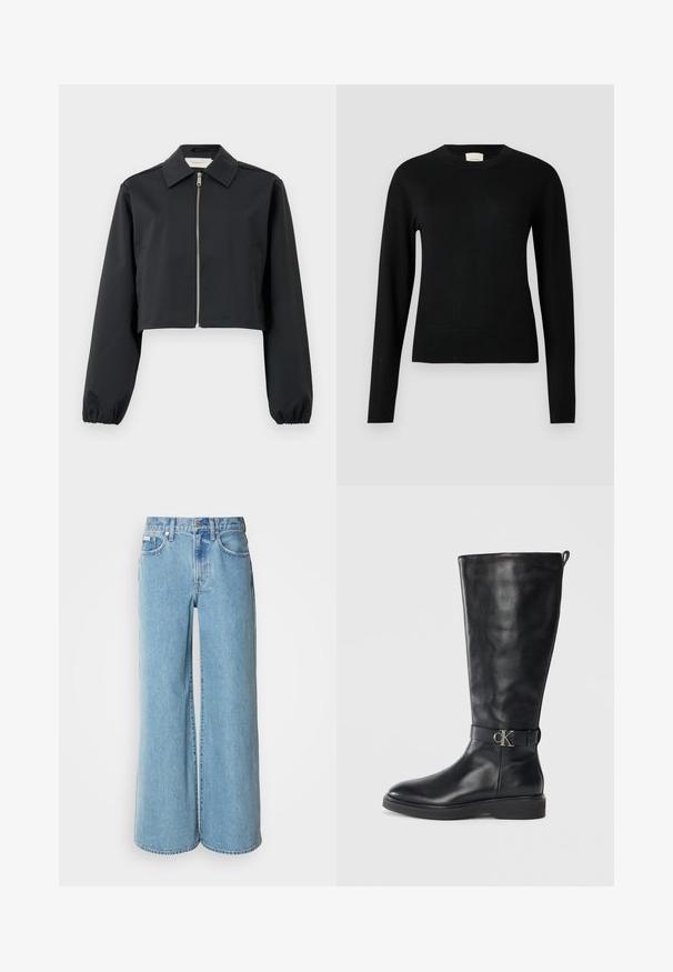 Zwarte cropped jas van gladde stof, met een kraag, ritssluiting aan de voorkant en elastische manchetten. Eenvoudig ontwerp zonder patronen.; Zwarte gebreide trui met ronde hals, lange mouwen en een slanke pasvorm, met een gladde textuur en minimale details.; Lichtblauwe wijde jeans van denim, met een hoge taille, vijf pockets en subtiele vervaging langs de stof.; Zwarte leren kniehoog laars met lage hak, ronde neus en een metalen "CK" logo gesp rond de enkel.