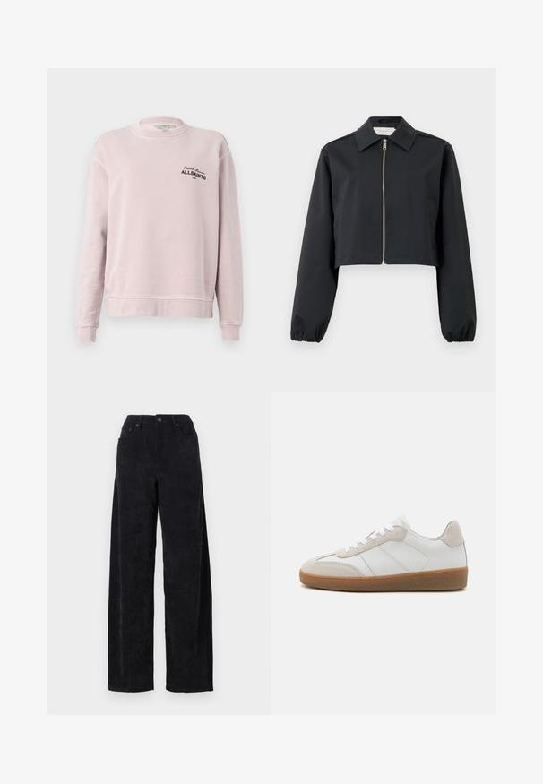 Schwarze cropped Jacke aus glattem Stoff, mit Kragen, Frontreißverschluss und elastischen Bündchen. Einfaches Design ohne Muster.; Hellrosa Sweatshirt mit langen Ärmeln, Rundhalsausschnitt, gerippten Bündchen und schwarzem Schriftzug "Infinite Summer ALLSAINTS London" auf der linken Brust.; Schwarze Corduroy-Hosen mit weitem Bein und hohem Bund, ausgestattet mit zwei Fronttaschen und feiner vertikaler Rippstruktur.; Weiße Leder-Sneaker mit beige Suede-Akzenten, strukturiertem Zungenbereich und Gummisohle. Verfügt über weiße Schnürsenkel und dezente eingestickte Details.