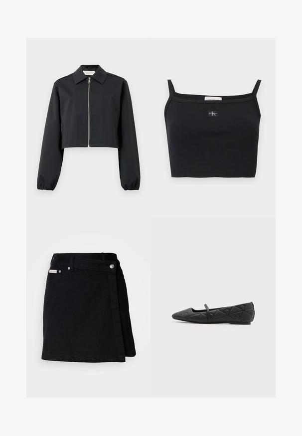 Sort cropped jakke lavet af glat materiale, med krave, lynlås foran og elastiske manchetter. Enkel design uden mønstre.; Sort ribstrikket cropped top med tynde stropper og et lille Calvin Klein-logoapplikation midt på brystet.; Sort denim mini nederdel med et omslag design, der har en front knappelukning, subtile syninger og et lille mærke ved taljen.; Sort flad sko med spids tå, quiltede geometriske mønstre og en tynd rem over vristen på en ensfarvet baggrund.