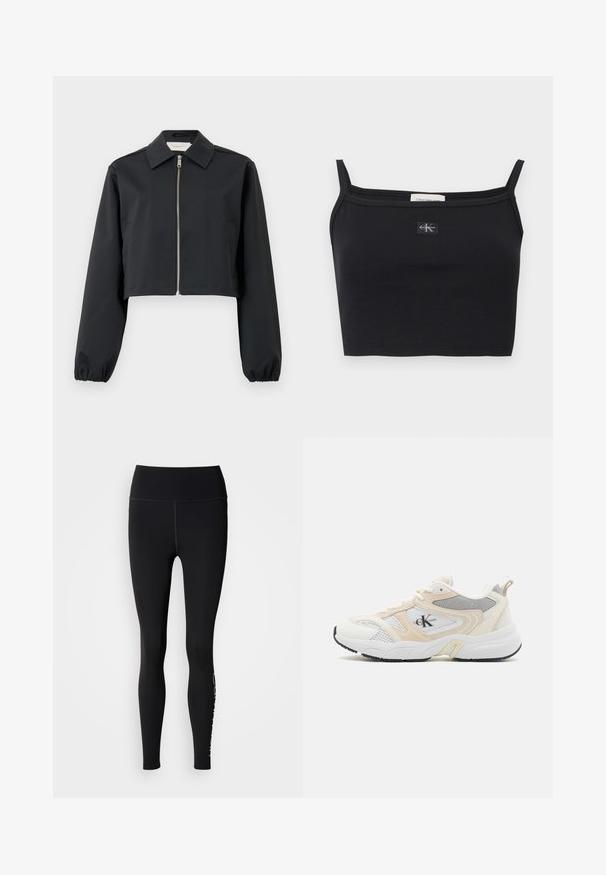 Chaqueta negra cortada hecha de tela suave, con cuello, cierre frontal con cremallera y puños elásticos. Diseño sencillo sin patrones.; Top corto negro acanalado con tirantes delgados y un pequeño parche con el logo de Calvin Klein centrado en el pecho.; Leggings negros con una cintura alta, textura suave, diseño de largo completo y un acento de logo blanco en la parte inferior de la pierna izquierda.; Zapatillas deportivas en blanco y beige claro, elaboradas con materiales de malla y sintéticos, que presentan una suela gruesa, acentos texturizados y un detalle del logo en el costado.