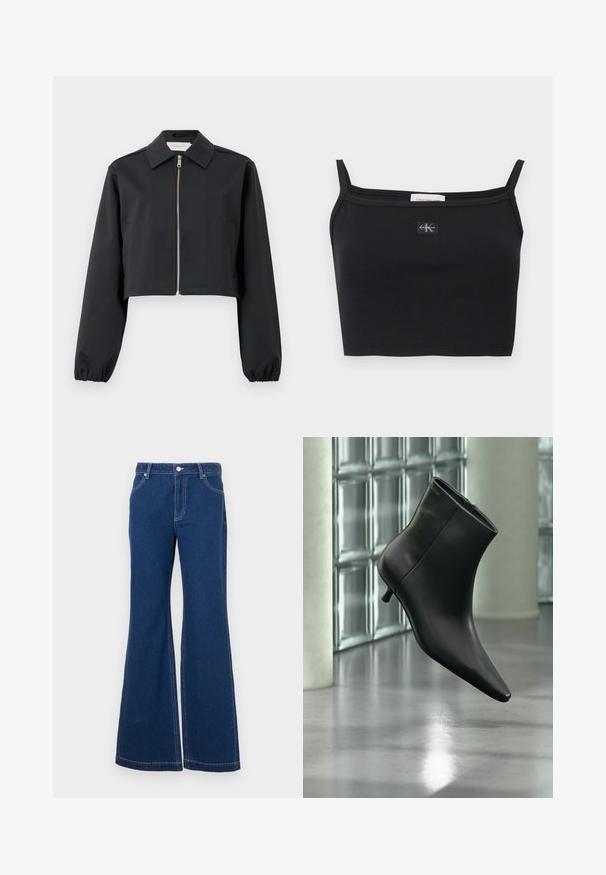 Schwarze cropped Jacke aus glattem Stoff, mit Kragen, Frontreißverschluss und elastischen Bündchen. Einfaches Design ohne Muster.; Schwarzes, geripptes Crop-Top mit dünnen Trägern und einem kleinen Calvin Klein Logo-Patch mittig auf der Brust.; Dunkelblaue Schlagjeans aus Denim. Merkmale sind Gürtelschlaufen, Fronttaschen und kontrastierende Nähte. Weite Beinausschnitte.; Schwarzer Leder-Stiefelette mit spitzer Zehenpartie und niedrigem Kitten-Heel, schräg dargestellt vor einem polierten Boden und einer Glasbausteinwand.