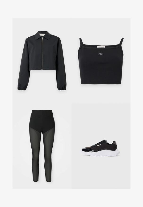 Schwarze cropped Jacke aus glattem Stoff, mit Kragen, Frontreißverschluss und elastischen Bündchen. Einfaches Design ohne Muster.; Schwarzes, geripptes Crop-Top mit dünnen Trägern und einem kleinen Calvin Klein Logo-Patch mittig auf der Brust.; Schwarze High-Waist-Leggings mit semi-transparenten Mesh-Einsätzen an den Oberschenkeln und Unterschenkeln, nahtloses Design, enganliegende Silhouette.; Schwarze Sportschuhe mit glattem synthetischen Obermaterial, weißer klobiger Sohle, strukturierten Akzenten und schwarzen Schnürsenkeln. Minimalistisches Design, keine sichtbaren Logos.