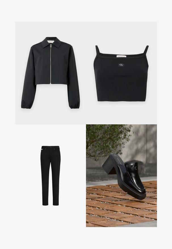 Chaqueta negra cortada hecha de tela suave, con cuello, cierre frontal con cremallera y puños elásticos. Diseño sencillo sin patrones.; Top corto negro acanalado con tirantes delgados y un pequeño parche con el logo de Calvin Klein centrado en el pecho.; Vaqueros negros de corte ajustado con botón y cremallera delanteros, con bolsillos delanteros y traseros y una pequeña etiqueta en el bolsillo delantero derecho.; Mule tipo slip-on de cuero negro de Calvin Klein con tacón de bloque descansando sobre baldosas de madera al aire libre cerca de una planta verde y una pared gris.