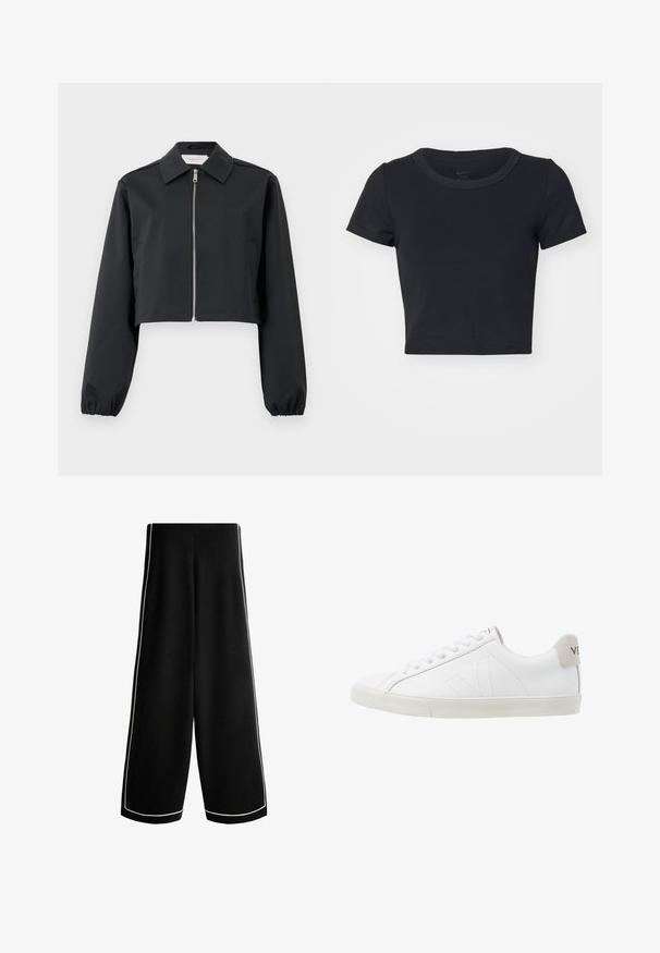 Veste noire courte en tissu lisse, dotée d'un col, d'une fermeture éclair à l'avant et de poignets élastiques. Design simple sans motifs.; T-shirt noir court en tissu doux et extensible. Dispose d'un col rond et de manches courtes avec un design simple.; Pantalon noir à jambes larges, taille haute avec un liseré blanc le long des coutures latérales et des ourlets, présenté sur un fond blanc.; Baskets en cuir blanc avec une semelle en caoutchouc texturée et blanc cassé. Les caractéristiques incluent des lacets, des coutures discrètes et un accent en daim gris au niveau du talon.