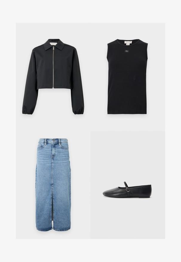 Veste noire courte en tissu lisse, dotée d'un col, d'une fermeture éclair à l'avant et de poignets élastiques. Design simple sans motifs.; Débardeur côtelé noir sans manches avec encolure ronde et petite écusson du logo Calvin Klein centré sous le col.; Jupe maxi en denim bleu clair avec fente avant, fermeture à boutons et cinq poches. Dotée de coutures classiques et d'un design droit.; Ballerines noires en cuir avec un bout pointu, une semelle plate et une petite sangle avec un détail de boucle en argent.