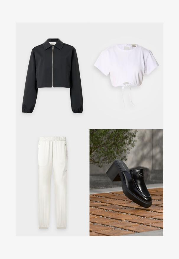 Veste noire courte en tissu lisse, dotée d'un col, d'une fermeture éclair à l'avant et de poignets élastiques. Design simple sans motifs.; T-shirt blanc court en tissu lisse. Présente un col rond, des manches courtes et un cordon de serrage en bas pour des ajustements.; Joggers crème clair avec taille élastique, finitions fuselées, poches latérales et accents zippés. Tissu lisse avec une finition légèrement brillante.; Mule slip-on en cuir noir Calvin Klein avec talon bloc reposant sur des carreaux en bois à l'extérieur près d'une plante verte et d'un mur gris.
