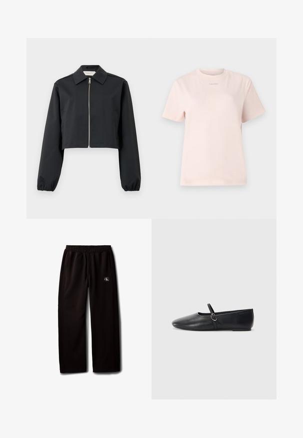 Chaqueta negra cortada hecha de tela suave, con cuello, cierre frontal con cremallera y puños elásticos. Diseño sencillo sin patrones.; Camiseta de algodón rosa claro con cuello redondo, mangas cortas y un pequeño logo de "Calvin Klein" impreso en un color a juego en el pecho.; Pantalones negros de pierna ancha con cintura elástica y bolsillos laterales, con un pequeño parche con el logo de Calvin Klein en el muslo derecho.; Bailarinas de cuero negro con punta afilada, suela plana y una pequeña correa con detalle de hebilla plateada.
