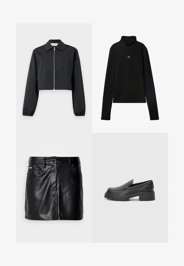 Schwarze cropped Jacke aus glattem Stoff, mit Kragen, Frontreißverschluss und elastischen Bündchen. Einfaches Design ohne Muster.; Schwarzes, geripptes Langarm-Top mit Rollkragen und kleinem quadratischem Calvin Klein Logo-Patch zentral auf der Brust.; Schwarzer Leder-Minirock mit tailliertem Design, ausgestattet mit frontalen Taschen, einem Knopfverschluss und glatter Textur.; Schwarze Lederloafer mit einer abgerundeten Spitze, dicker strukturierten Laufsohle und minimalen Nähten. Schlankes Design ohne sichtbare Schnürsenkel oder Beschläge.