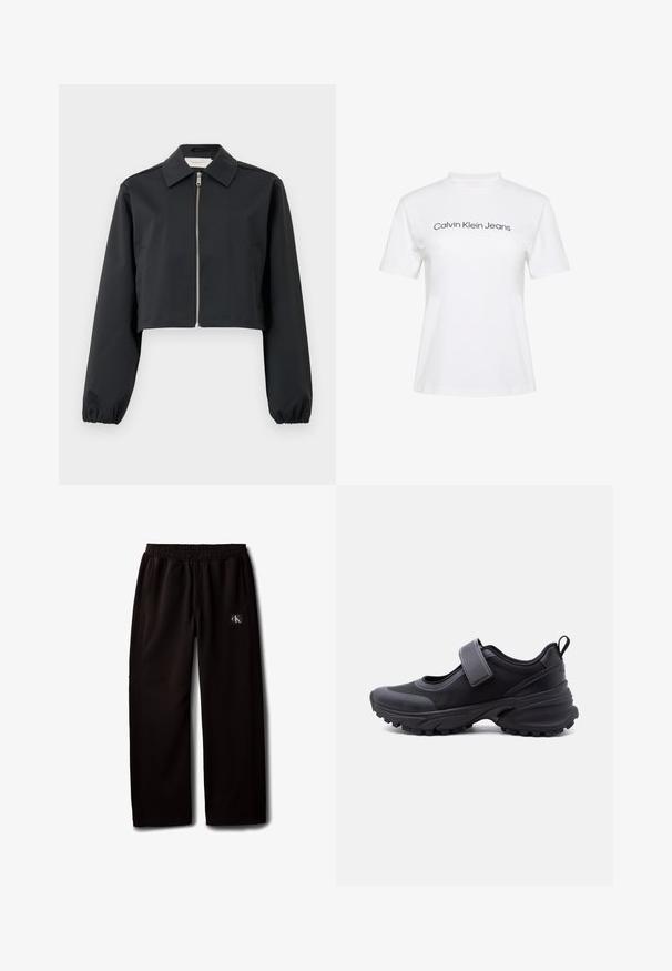 Sort cropped jakke lavet af glat materiale, med krave, lynlås foran og elastiske manchetter. Enkel design uden mønstre.; Hvid bomulds-T-shirt med rund hals og korte ærmer, med teksten "Calvin Klein Jeans" i sort tryk på tværs af brystet.; Sorte vidde bukser med elastisk taljebånd og sidelommer, med en lille Calvin Klein-logo patch på højre lår.; Sort atletiksko med robust sål, justerbar rem over toppen og trække-øje ved hælen, vist i sideprofil mod hvid baggrund.