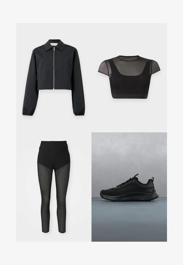 Chaqueta negra cortada hecha de tela suave, con cuello, cierre frontal con cremallera y puños elásticos. Diseño sencillo sin patrones.; Top negro corto con mangas cortas transparentes y parte superior del pecho, con escote redondo y cuerpo ajustado de color negro sólido.; Leggings ajustados de talle alto en negro con paneles de malla semitransparente en los muslos delanteros y en las pantorrillas, diseño sin costuras y silueta ceñida.; Zapatilla negra de Calvin Klein con suela gruesa flotando sobre baldosas de madera con pequeñas piedras, pared desenfocada y vegetación al fondo.
