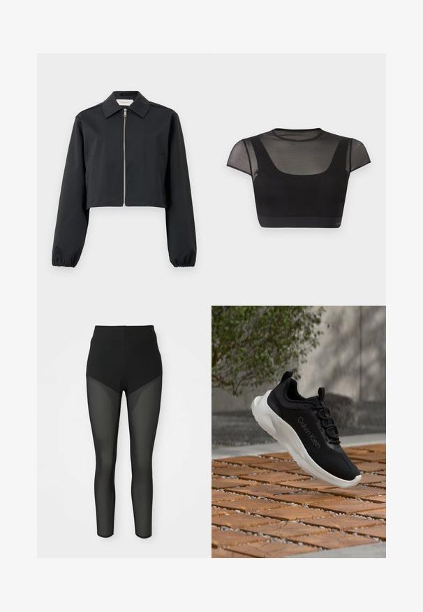 Schwarze cropped Jacke aus glattem Stoff, mit Kragen, Frontreißverschluss und elastischen Bündchen. Einfaches Design ohne Muster.; Schwarzes kurzes Oberteil mit transparenten kurzen Ärmeln und oberer Brustpartie, ausgestattet mit einem runden Ausschnitt und einem figurbetonten, einfarbigen schwarzen Oberkörper.; Schwarze High-Waist-Leggings mit semi-transparenten Mesh-Einsätzen an den Oberschenkeln und Unterschenkeln, nahtloses Design, enganliegende Silhouette.; Schwarzer Sportschuh mit glatter Textur, weißer Sohle und Ton-in-Ton-Logodetail. Verfügt über Schnürsenkel und eine hintere Zuglasche. Schwebt über Holzkacheln.