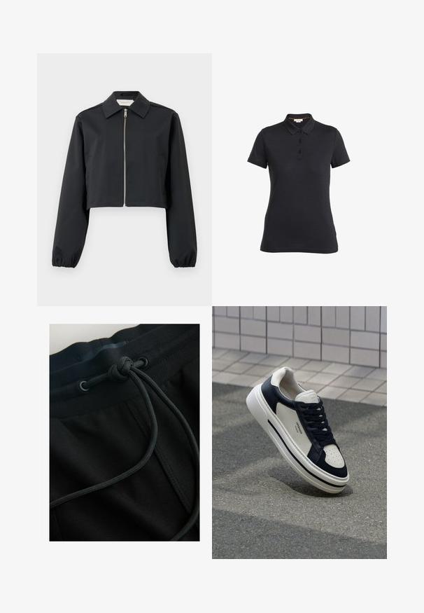 Sort cropped jakke lavet af glat materiale, med krave, lynlås foran og elastiske manchetter. Enkel design uden mønstre.; Sort polo skjorte lavet af glat stof, med krave, tre knaplukninger og korte ærmer. Enkel design, ingen mønstre eller accenter.; Sorte joggerbukser med snøre i taljen og tekstureret stof, med fokus på glatte linjer og et minimalistisk design.; Hvide og marineblå lædersneakers med perforeret tå, snørebånd og en struktureret gummisål, som har branding på siden.