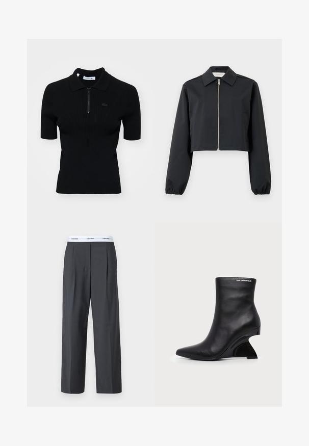 Sort cropped jakke lavet af glat materiale, med krave, lynlås foran og elastiske manchetter. Enkel design uden mønstre.; Sort ribbet polo shirt med korte ærmer, lynlås krave og en diskret logo detalje. Lavet af tekstureret strikmateriale.; Grå brede bukser lavet af glat stof, med frontfolder og en hvid talje med Calvin Klein-logo.; Sort læderankelstøvle med buet skulptureret hæl og Karl Lagerfeld-logo nær den øverste kant på hvid baggrund.
