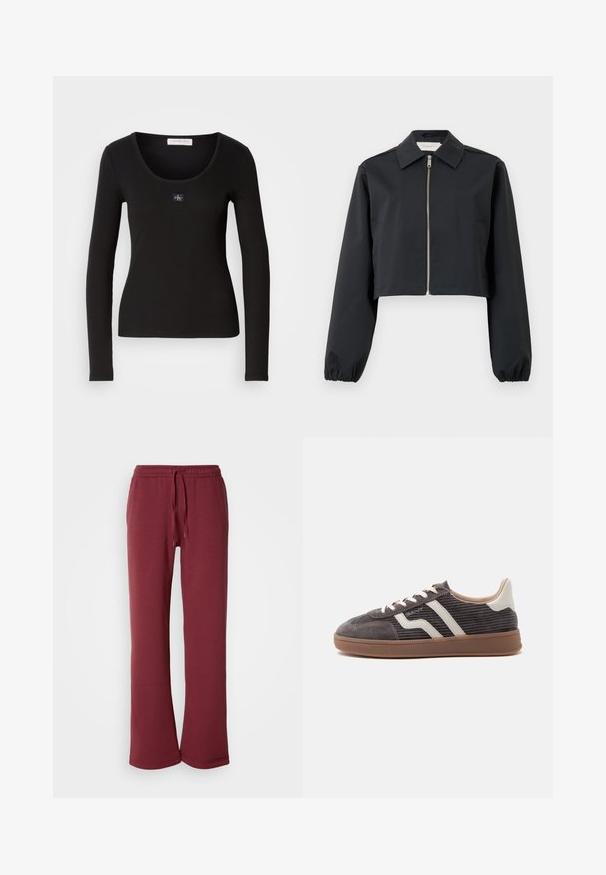Sort cropped jakke lavet af glat materiale, med krave, lynlås foran og elastiske manchetter. Enkel design uden mønstre.; Sort langærmet ribbet top med rund halsudskæring, der har et lille, kvadratisk Calvin Klein-logo som accent på brystet. Blød tekstur.; Bordeauxrøde sweatpants lavet af blødt stof med elastisk talje og snor. Har brede ben og en glat tekstur hele vejen igennem.; Enkel mørkegrå sneaker med hvide læderdetaljer, teksturerede sider, hvide snørebånd og en brun gummisål, vist fra siden på en ensfarvet baggrund.