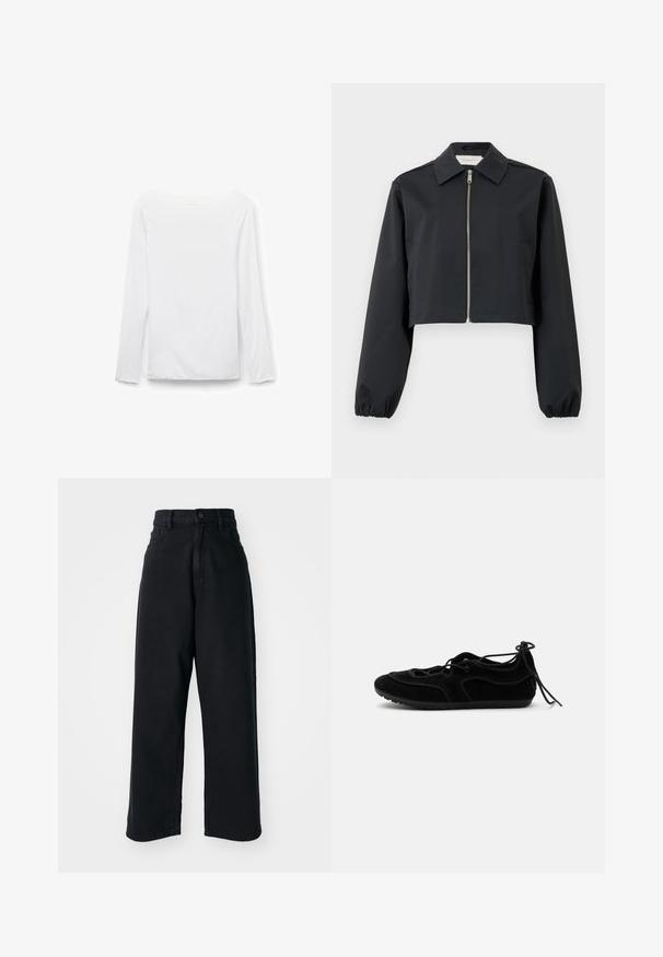 Chaqueta negra cortada hecha de tela suave, con cuello, cierre frontal con cremallera y puños elásticos. Diseño sencillo sin patrones.; Camiseta blanca de manga larga con cuello barco, diseño liso, mostrada plana sobre un fondo blanco, vista frontal.; Jeans anchos de tiro alto en negro, con bolsillos frontales y cierre de botón, exhibidos sobre un fondo blanco liso.; Zapato plano de ballet de ante negro con cordones alrededor del tobillo y suela de goma texturizada, mostrado de lado sobre un fondo liso.