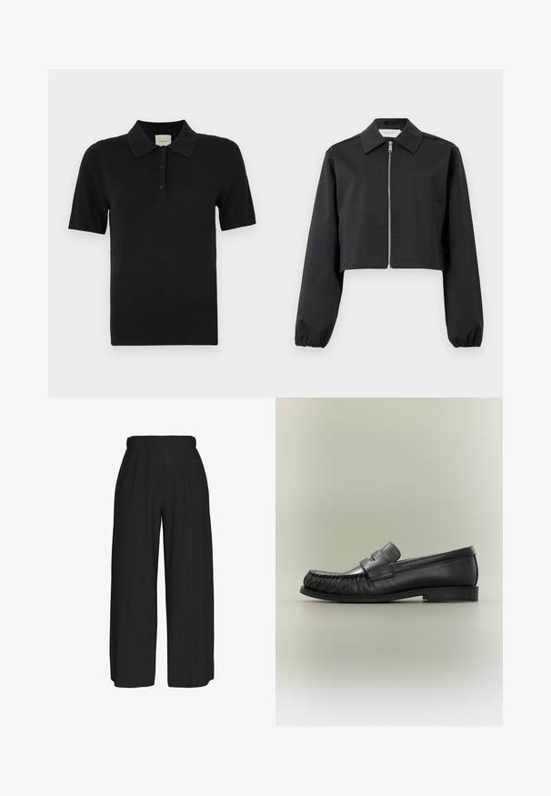 Veste noire courte en tissu lisse, dotée d'un col, d'une fermeture éclair à l'avant et de poignets élastiques. Design simple sans motifs.; Calvin Klein FINE GAUGE - Polo - black; Pantalon noir taille haute à jambes larges avec un devant épuré et des détails subtils de coutures, réalisé dans un tissu lisse.; Mocassin penny en cuir noir avec détail plissé au bout et talon bas empilé, vu de côté sur un fond neutre.