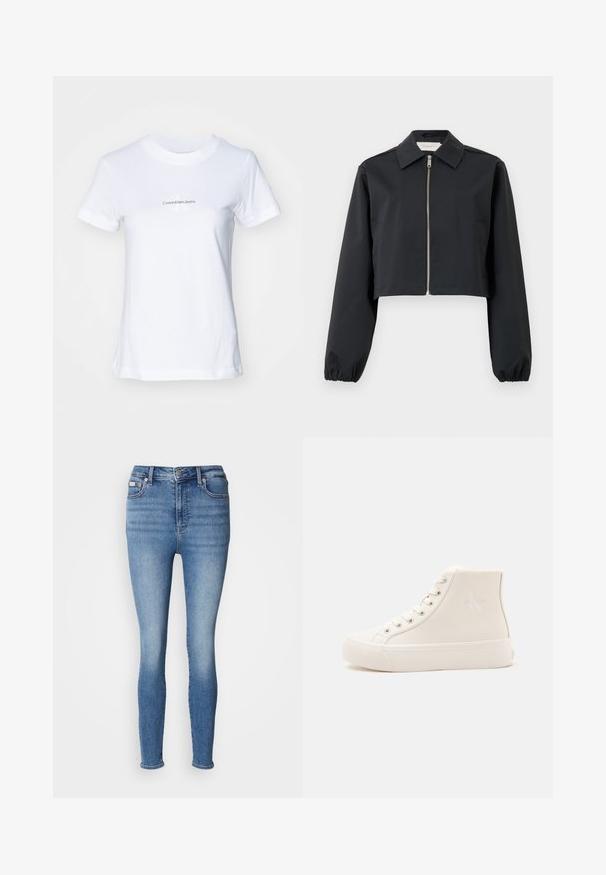 Schwarze cropped Jacke aus glattem Stoff, mit Kragen, Frontreißverschluss und elastischen Bündchen. Einfaches Design ohne Muster.; Weißes Baumwoll-T-Shirt mit Rundhalsausschnitt, kurzen Ärmeln und einem Frontdruck in blauer Schrift: "CalvinKleinJeans" mit einem stilisierten "K"-Logo.; Slim-Fit-Jeans aus hellblauem Denim mit hoher Taille, klassischem Five-Pocket-Design und dezentem Verblassen sowie Steppnähten.; Weißer High-Top-Sneaker mit dicker Sohle, Schnürung vorne und dezentem Calvin Klein-Logo an der Seite.