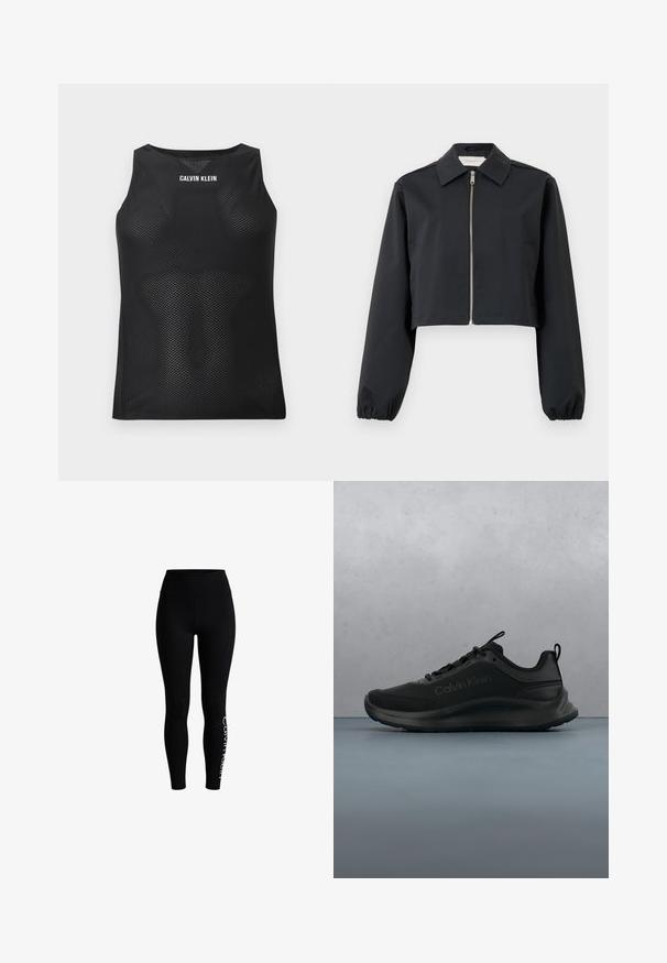 Veste noire courte en tissu lisse, dotée d'un col, d'une fermeture éclair à l'avant et de poignets élastiques. Design simple sans motifs.; Débardeur noir sans manches en mesh avec le logo blanc "Calvin Klein" centré en haut de la poitrine.; Leggings noirs taille haute avec une coupe slim et un logo blanc "Calvin Klein" courant verticalement sur la partie inférieure de la jambe droite.; Baskets noires Calvin Klein à semelle épaisse flottant au-dessus de dalles en bois avec de petits cailloux, mur flou et végétation en arrière-plan.