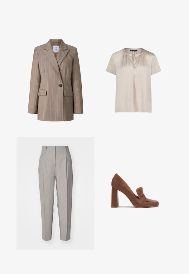 Beige blazer med enkelt knap, tynde hvide lodrette nålestriber, spidse reverser, to forlommer med klap og en brystlomme med kant.; Beige, kortærmet satinbluse med rynket halsudskæring, V-udskæring foran og løs pasform, mærket "Betty Barclay" på kraveetiketten.; Lys grå skræddersyede bukser med en glat tekstur, plisseret front og lige ben-design. Har bæltestropper og en poleret finish.; Brun læder højhælet sko med firkantet tå og en bred rem på tværs foran. Hælen er blokformet og solid.